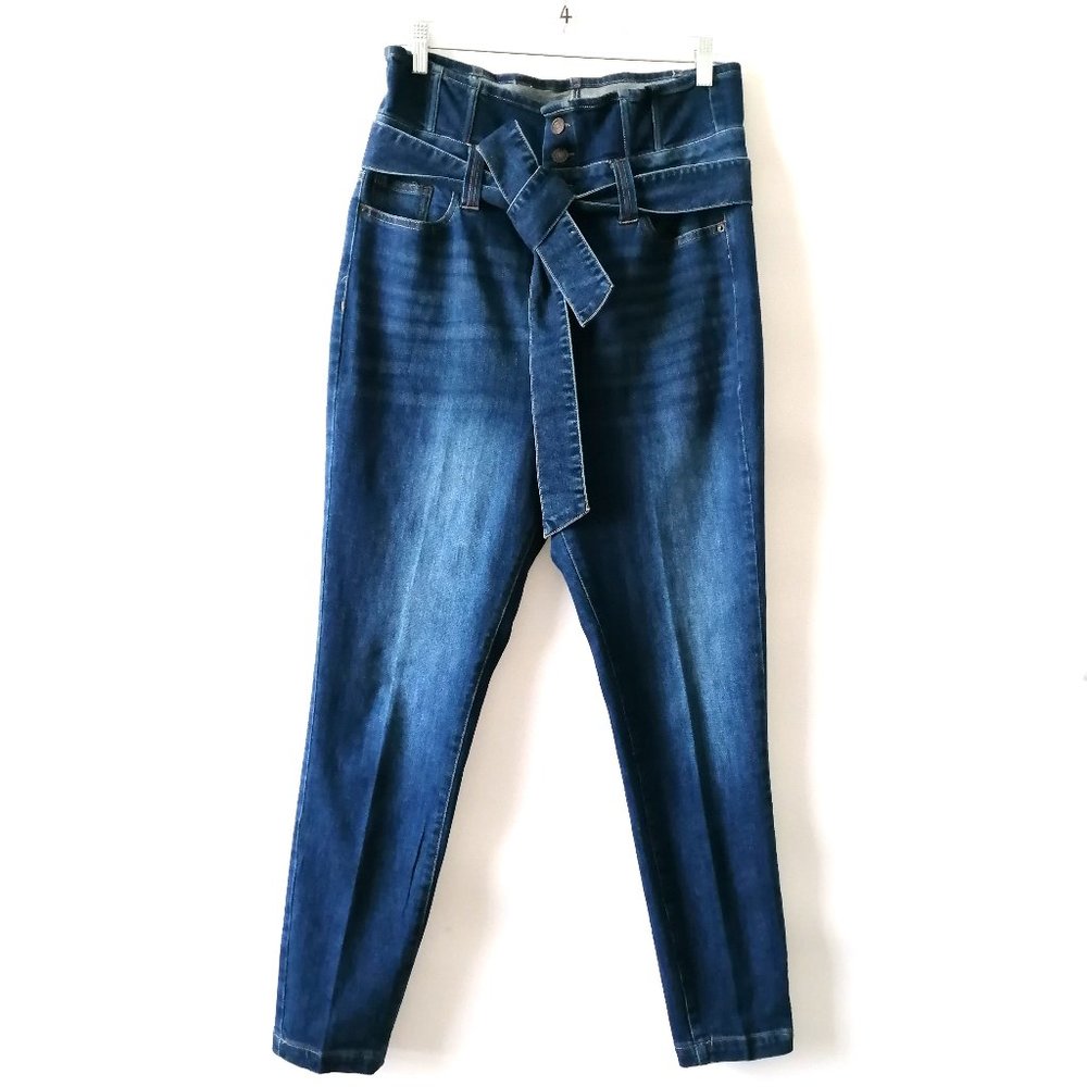 NY & C Womens Blue High Rise Front Tie Belt Straight Leg Paperbag Jeans Size 12